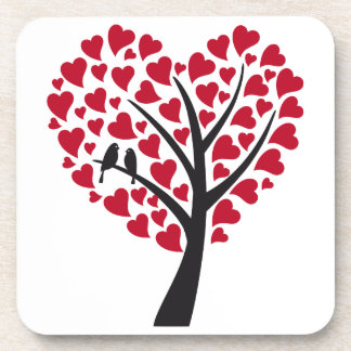 Red heart tree with love birds coaster