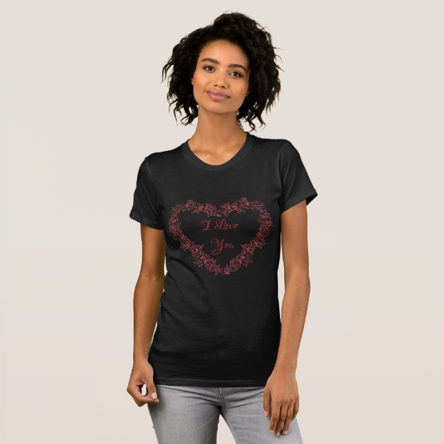 Red Heart Typography Floral Modern Valentines Day T-Shirt (Front Full)