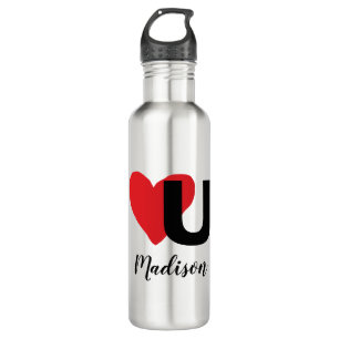 Red Heart U Love Valentine's Day Monogrammed Name Stainless Steel Water Bottle