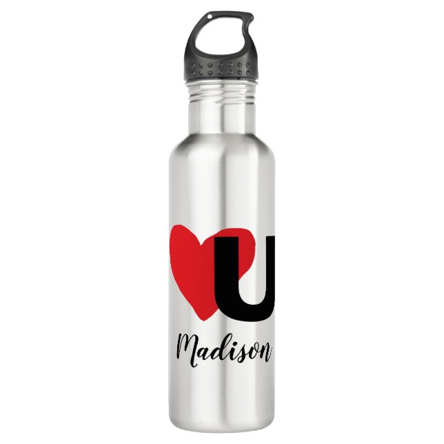 Red Heart U Love Valentine's Day Monogrammed Name Stainless Steel Water Bottle (Front)