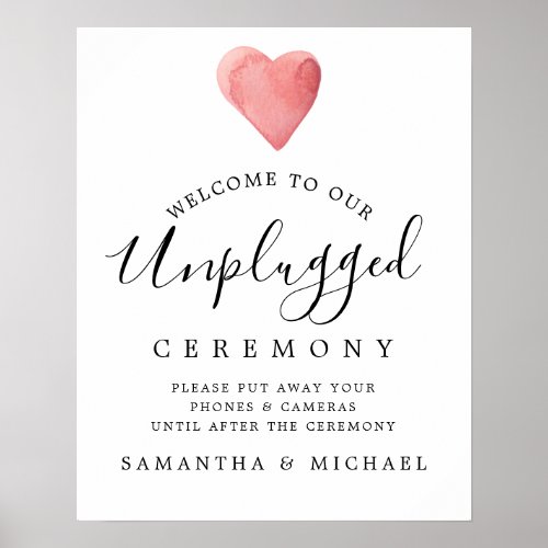 Red Heart Unplugged Wedding Ceremony Sign