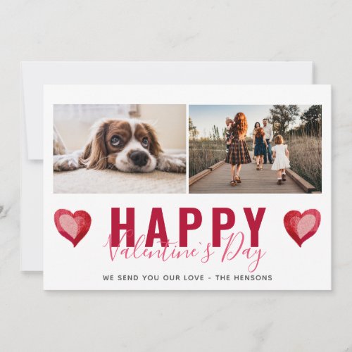 Red Heart Valentines Day Script Family Photo Holi Holiday Card