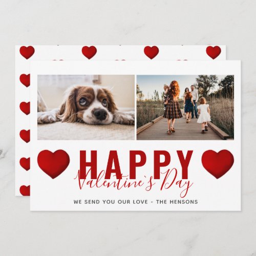 Red Heart Valentines Day Script Family Photo Holiday Card