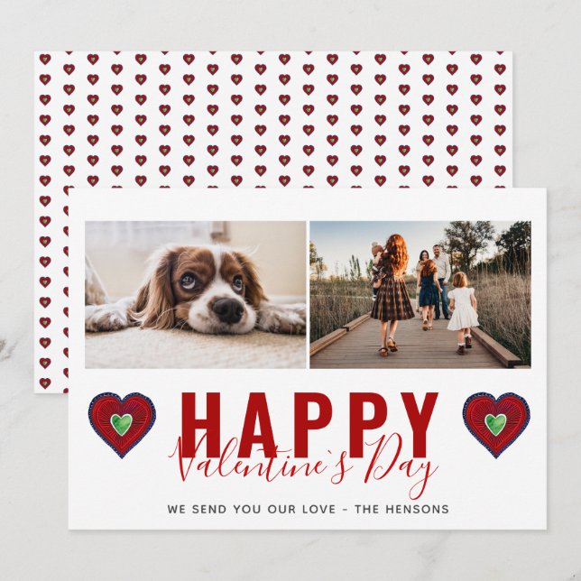 Red Heart Valentine`s Day Script Family Photo Holiday Card (Front/Back)