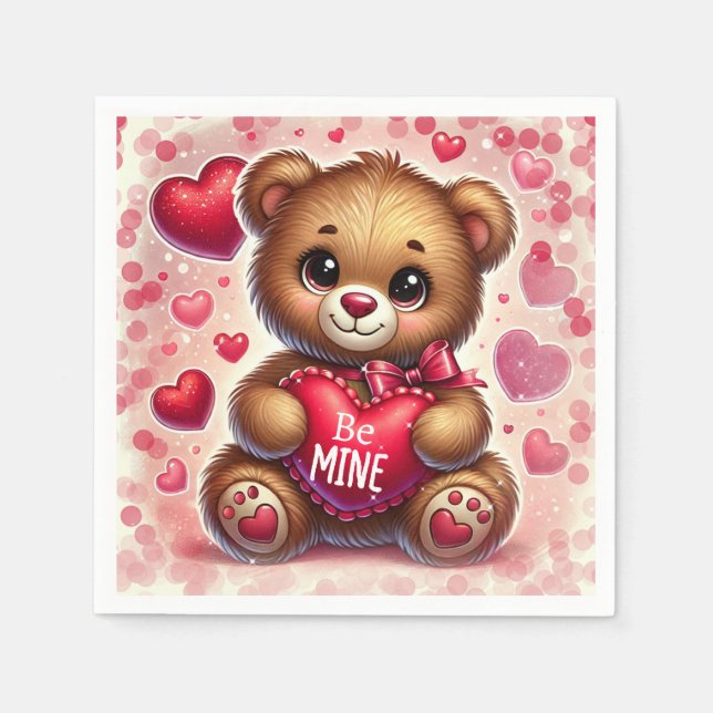 Red Heart Valentine Teddy Bear Birthday Party Napkins (Front)