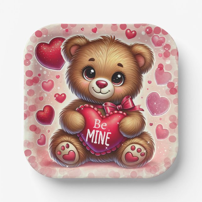 Red Heart Valentine Teddy Bear Birthday Party Paper Plates (Front)