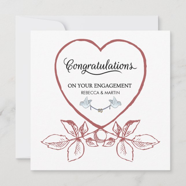Red Heart Vintage Floral Art Engagement Card (Front)
