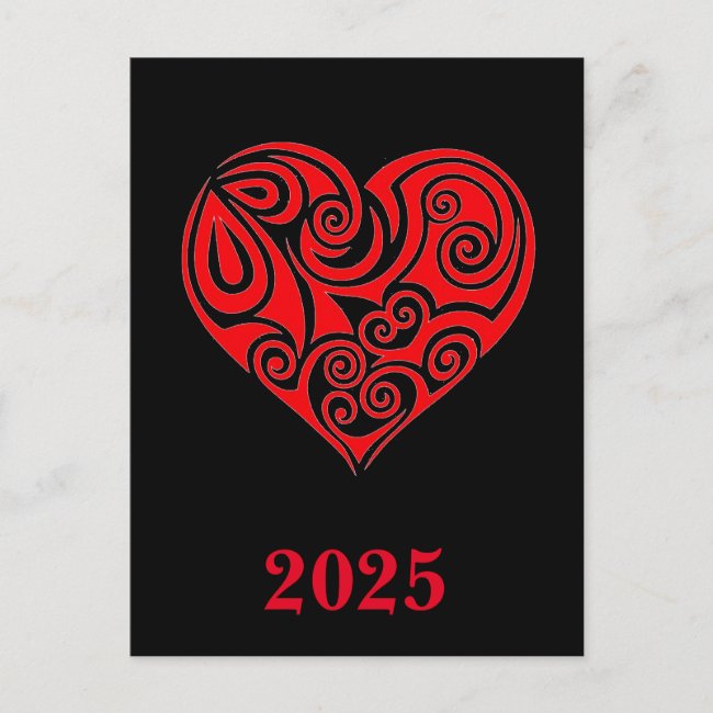 Red Heart with 2025 Calendar on Back Postcard