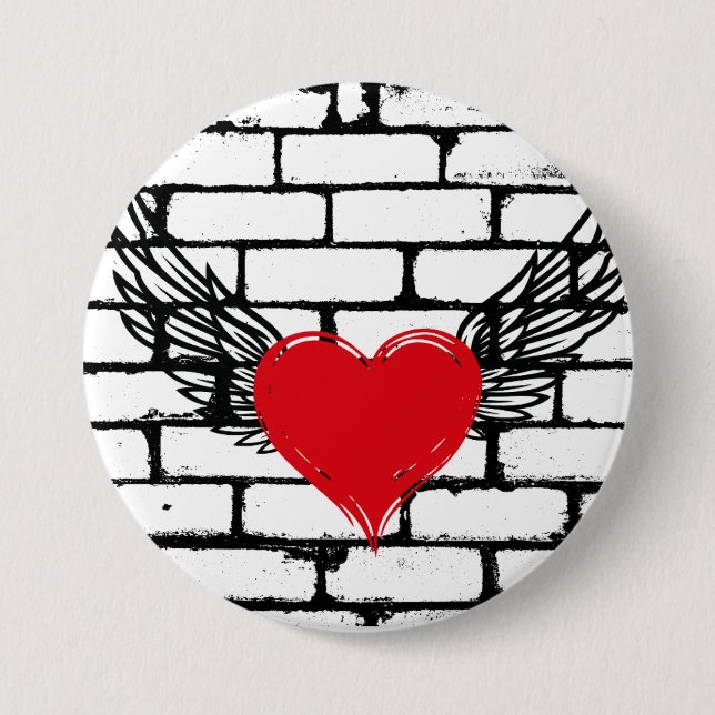 Red Heart with angel wings on a brick wall Button (Front)