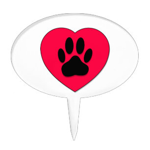 Red Heart With Dog Paw Print Cake Topper