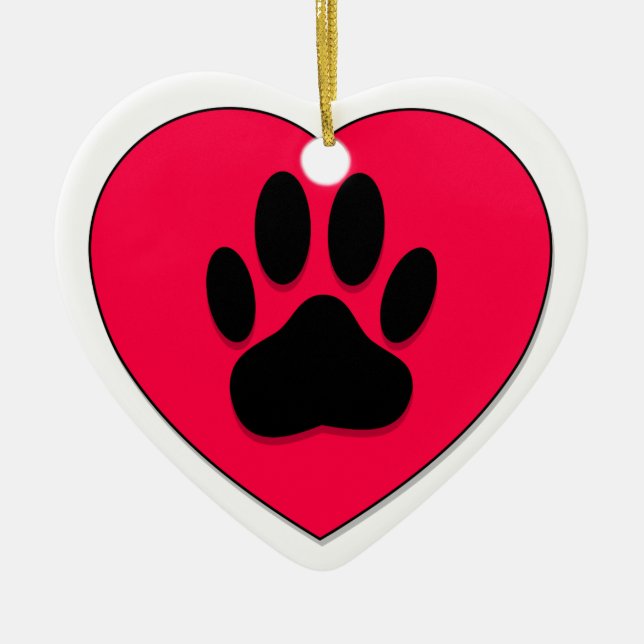 Red Heart With Dog Paw Print Ceramic Ornament (Front)