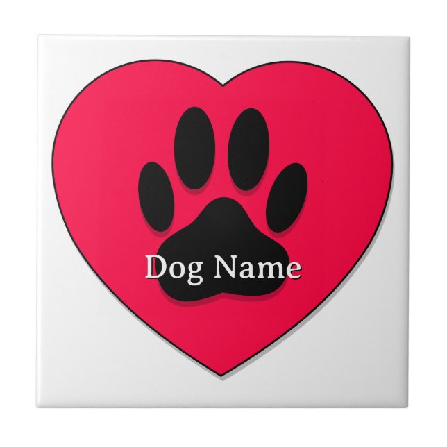 Red Heart With Dog Paw Print Custom Name Ceramic Tile (Front)
