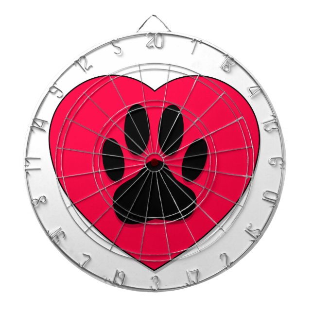 Red Heart With Dog Paw Print Dartboard With Darts (Front)