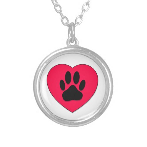 Red Heart With Dog Paw Print Silver Plated Necklace