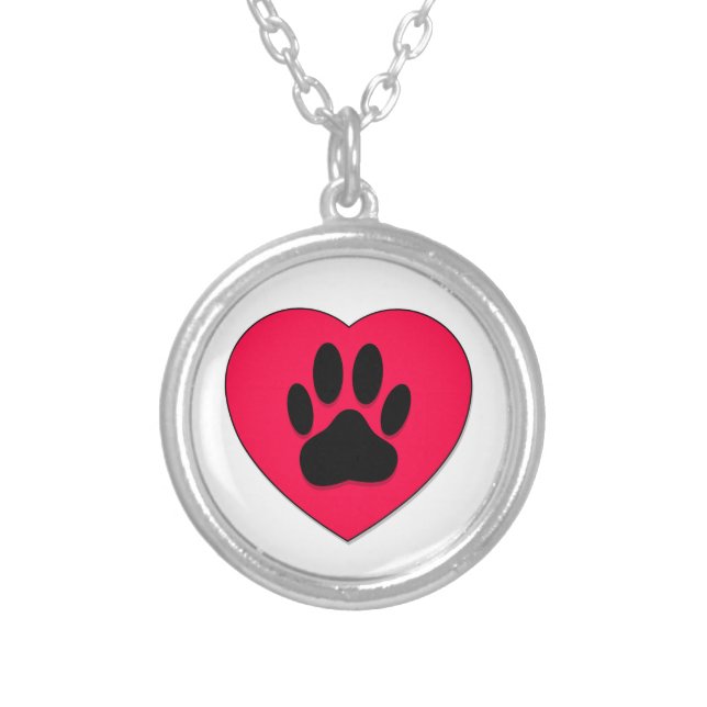 Red Heart With Dog Paw Print Silver Plated Necklace (Front)