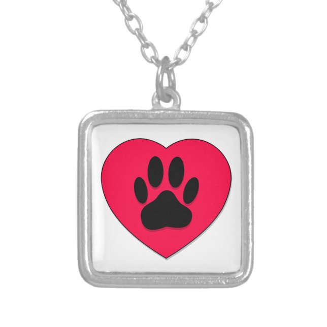 Red Heart With Dog Paw Print Silver Plated Necklace (Front)