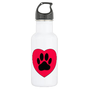 Red Heart With Dog Paw Print Stainless Steel Water Bottle