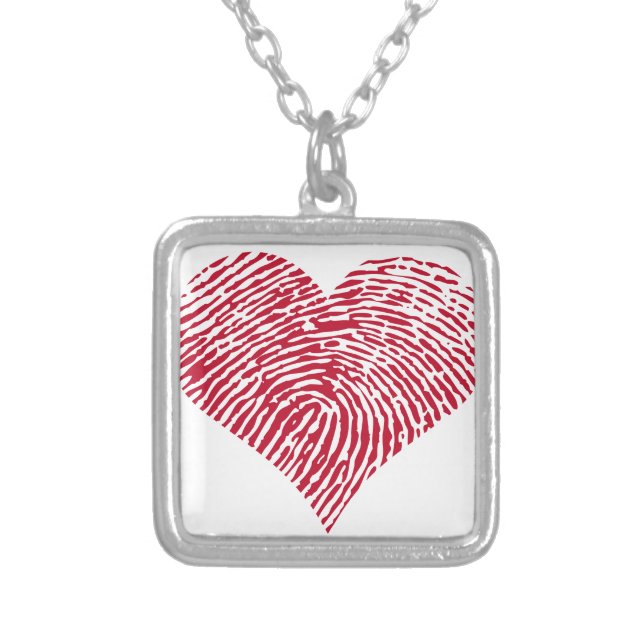 Red heart with fingerprint pattern silver plated necklace (Front)