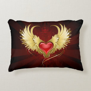 Red Heart with Golden Wings Accent Pillow