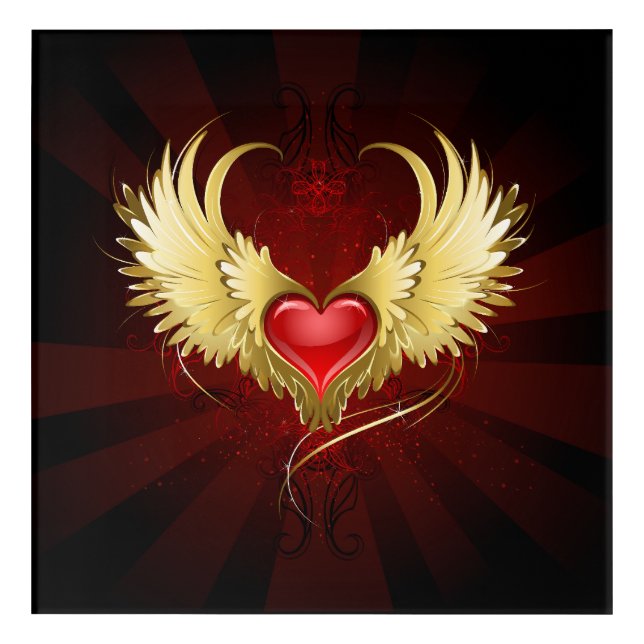Red Heart with Golden Wings Acrylic Print (Front)