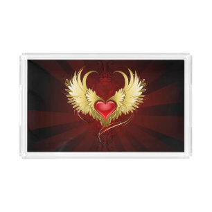 Red Heart with Golden Wings Acrylic Tray
