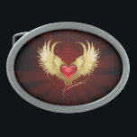 Red Heart with Golden Wings Belt Buckle<br><div class="desc">Bright red heart of an angel with golden wings shining in the dark radiant red background decorated with a pattern.</div>