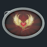 Red Heart with Golden Wings Belt Buckle<br><div class="desc">Bright red heart of an angel with golden wings shining in the dark radiant red background decorated with a pattern.</div>
