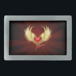 Red Heart with Golden Wings Belt Buckle<br><div class="desc">Bright red heart of an angel with golden wings shining in the dark radiant red background decorated with a pattern.</div>