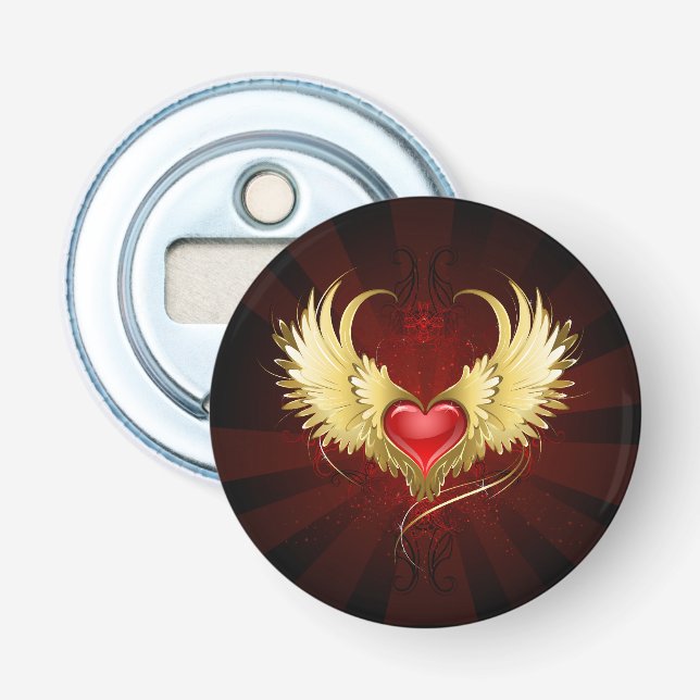 Red Heart with Golden Wings Bottle Opener (Front)
