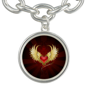 Red Heart with Golden Wings Bracelet