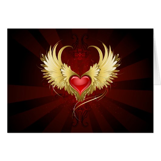 Red Heart with Golden Wings Cards (Front Horizontal)