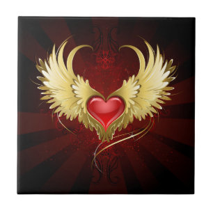 Red Heart with Golden Wings Ceramic Tile