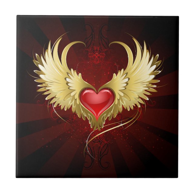 Red Heart with Golden Wings Ceramic Tile (Front)