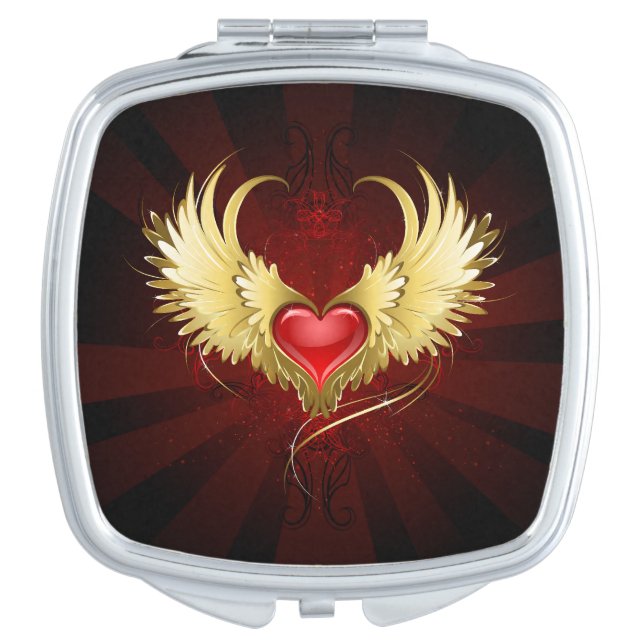 Red Heart with Golden Wings Compact Mirror (Front)