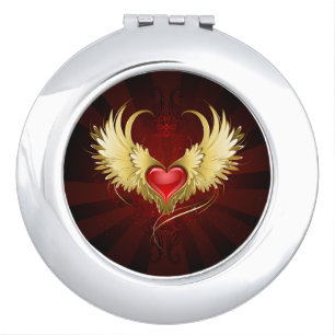 Red Heart with Golden Wings Compact Mirror