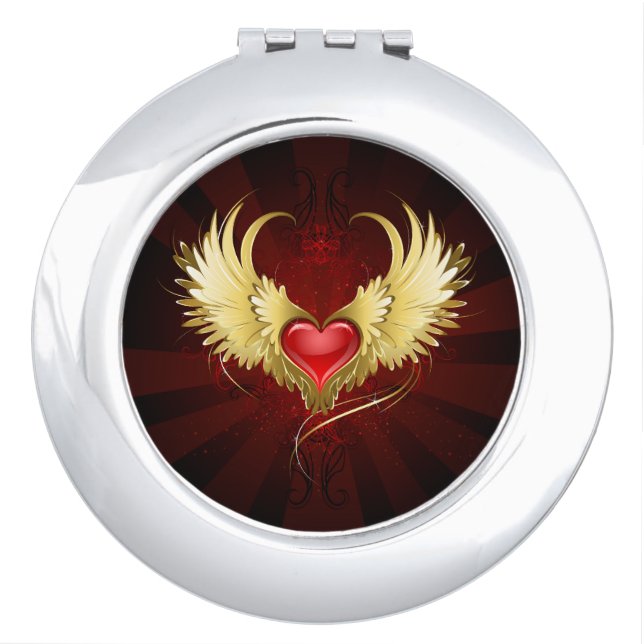 Red Heart with Golden Wings Compact Mirror (Front)