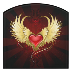 Red Heart with Golden Wings Door Sign