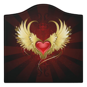 Red Heart with Golden Wings Door Sign