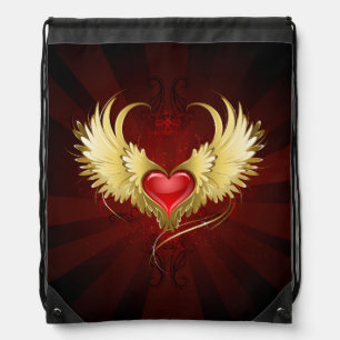 Red Heart with Golden Wings Drawstring Bag