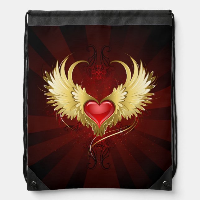 Red Heart with Golden Wings Drawstring Bag (Front)