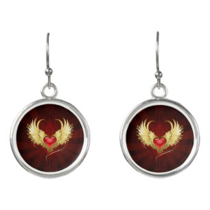 Red Heart with Golden Wings Earrings