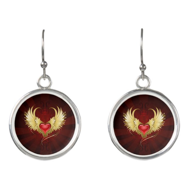 Red Heart with Golden Wings Earrings (Front)