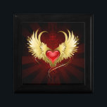 Red Heart with Golden Wings Gift Box<br><div class="desc">Bright red heart of an angel with golden wings shining in the dark radiant red background decorated with a pattern.</div>