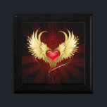 Red Heart with Golden Wings Gift Box<br><div class="desc">Bright red heart of an angel with golden wings shining in the dark radiant red background decorated with a pattern.</div>