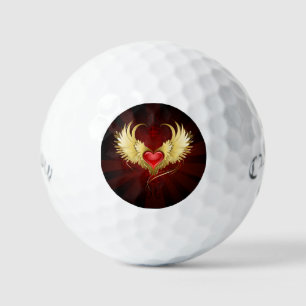 Red Heart with Golden Wings Golf Balls