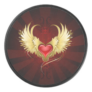 Red Heart with Golden Wings Hockey Puck
