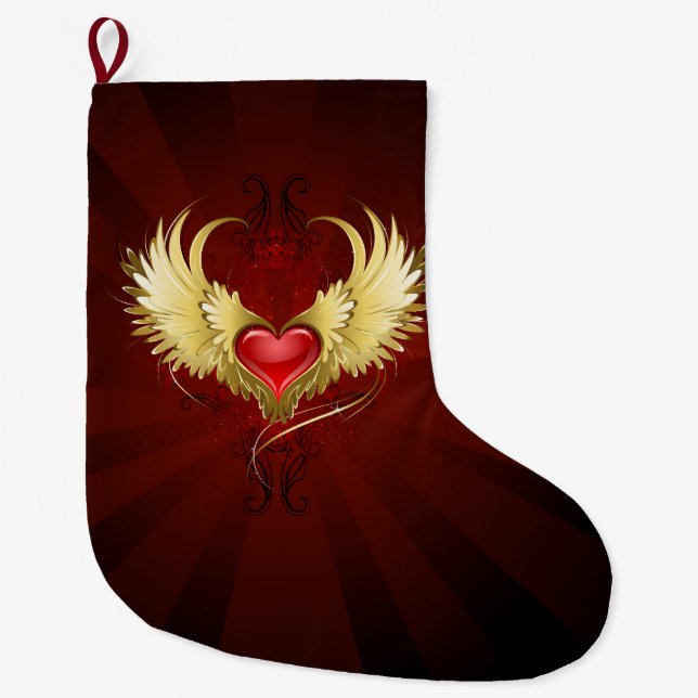 Red Heart with Golden Wings Large Christmas Stocking (Front)