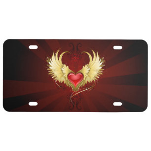 Red Heart with Golden Wings License Plate