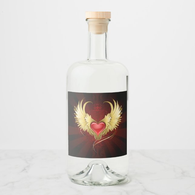 Red Heart with Golden Wings Liquor Bottle Label (Front)