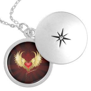 Red Heart with Golden Wings Locket Necklace